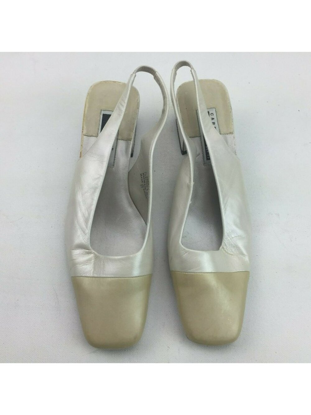 Caressa Womens Two-Tone Cream & Beige Leather Slingback Square-Toe Shoes Size 9
